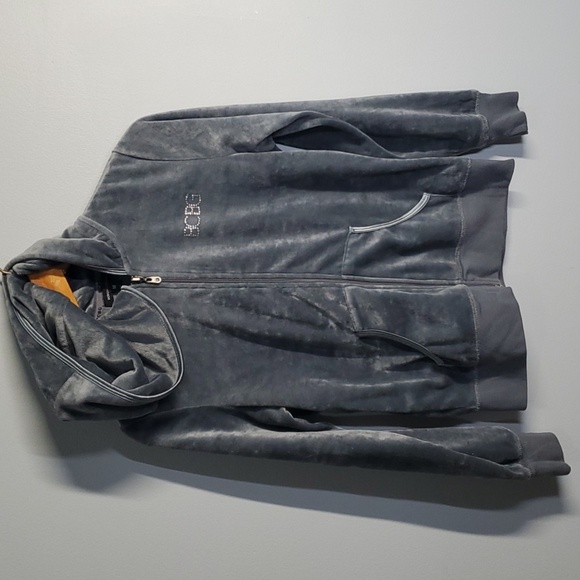 BCBG Maxazria jacket women's size medium grey zippered hooded hoodie vel… - Picture 1 of 13